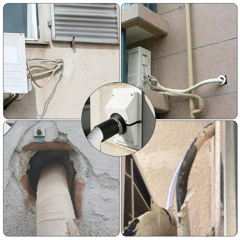 Slick White Wall Penetration Cover Kit For Ac Line Sets With Split Design to Hide Pipes on exterior wall with HVAC