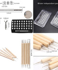 65 Piece Leather Craft Tools Kit with stamping punches, dotting tools, leather roller, and pattern alphabet set visible.