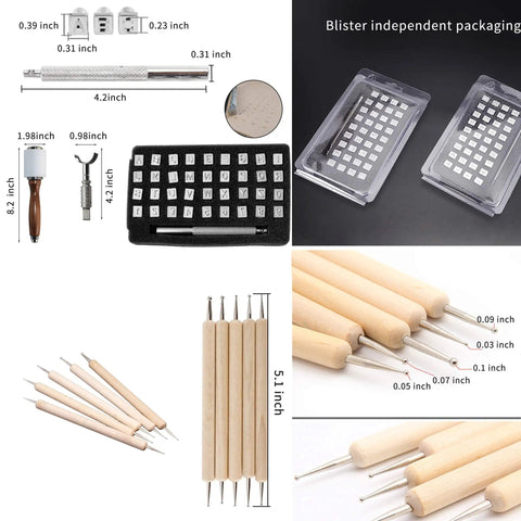 65 Piece Leather Craft Tools Kit with stamping punches, dotting tools, leather roller, and pattern alphabet set visible.
