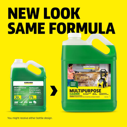 All Purpose Pressure Washer Detergent That Powers Through Dirt And Grime On Fences Siding Patios Driveways Sidewalks And Concrete Highly Concentrated Formula Makes Up To 20 Gallons Universal Compatibility With Most Gas And Electric Machines featuring two green bottles with handles.