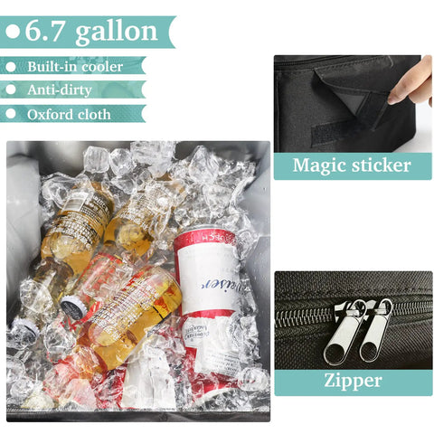 6.7-gallon cooler detail with ice and drinks, magic sticker, zipper features for Two Seat Outdoor Patio Swing Chair With Canopy And Cooler