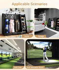 Wooden Golf Bag Organizer With Wheels in home, garage, golf club, and simulator settings, holds 3 golf bags, sleek black design