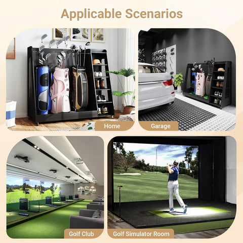 Wooden Golf Bag Organizer With Wheels in home, garage, golf club, and simulator settings, holds 3 golf bags, sleek black design