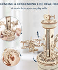 10 Inch 3D Wooden Puzzle Airplane Tower Music Box DIY Mechanical Model Kit For Adults Windup Rotating Tower That Plays Its A Small World, assembled