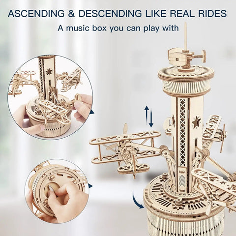 10 Inch 3D Wooden Puzzle Airplane Tower Music Box DIY Mechanical Model Kit For Adults Windup Rotating Tower That Plays Its A Small World, assembled