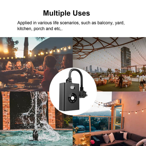 Outdoor Timer With Auto Light Sensor Dusk To Dawn, Waterproof Plug-In Socket With Two Grounded Outlets For Holiday Decor in multiple outdoor settings.
