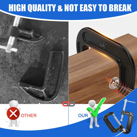 Beefy Eight Piece 2 Inch C Clamp Set, Heavy Duty Steel With Cast Iron Frame And Sliding T Handle, Built For Maximum Stability And Versatility In Woodworking, Welding, Building And Automotive Projects, Durable Black Finish clamp on wood