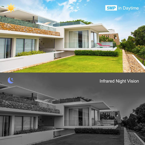 5MP POE Security Camera With Outdoor PTZ 2592x1944 HD 5X Optical Zoom Night Vision Motion Detection Remote Viewing With Free App showing daytime and night vision
