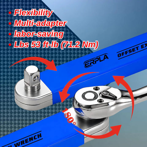 Offset Extension Wrench Set With Chain Driven Ratchet, 15.4 Inch Reach, Impact Ready Tool, Includes 1/4, 3/8, And 1/2 Inch Adapters, High Torque Up To 75 Nm, Built From Heavy-Duty Alloy Steel For Tough Car Repair And Engine Work, shown with 80° rotation