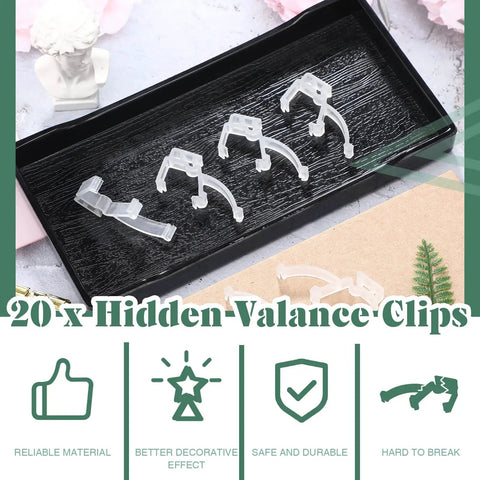 Grab These Top Notch Clear Plastic Valance Clips For Seamless Install On Wood Or Faux Wood Horizontal Blinds Quick Fix Setup And Rock Solid Daily Hold That Stays Put All Year Round, showing 20 clear holders in a tray.