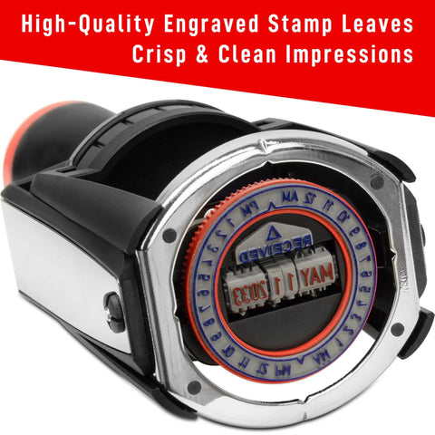 Rock Solid Heavy Duty Self Inking Date And Time Stamp With Custom Text Message And Crisp Black Ink for clear impressions.