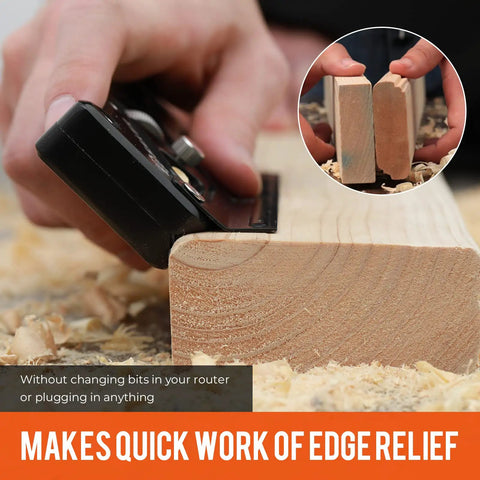 Close-up of Chamfer Plane For Woodworking Edge And Corner Flattening on a wood piece, demonstrating quick edge trimming.