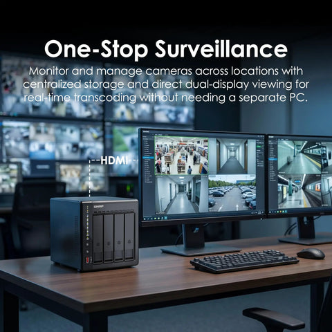 4 Bay Desktop Nas With Intel Quad Core Cpu Boosting To 2.9 Ghz Paired With 8Gb Ram for real-time surveillance and dual-display setup.