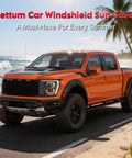 Orange truck with Truck Windshield Sun Cover 600D Heavy Duty Sun Shade For Pickups on beach, palm trees, ocean view