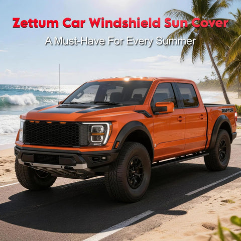 Orange truck with Truck Windshield Sun Cover 600D Heavy Duty Sun Shade For Pickups on beach, palm trees, ocean view