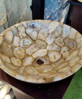 Natural Agate Countertop Sink With Smooth Glaze Total Game Changer For Bathroom Vanity Or Powder Room Sleek Vessel Basin showing detailed stone texture.