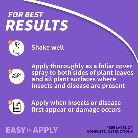Instructions for Fruit Tree And Plant Guard Concentrate 16 Oz Foliage Protector application on a purple background.