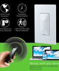 Z Wave Smart Motion Sensor Light Indoor with Auto On Off, hub required, shown with mobile and smart devices, white faceplate