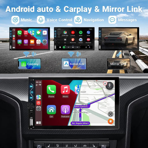 7 Inch Double Din Car Stereo With Wireless CarPlay And Wireless Android Auto Full HD Touchscreen Receiver in dashboard view