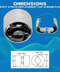 Heavy Duty Fire Sprinkler Escutcheon Cup Chrome Plated Two Piece Pendant Trim Plate dimensions and views on blue background.
