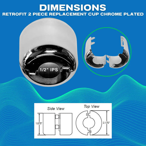 Heavy Duty Fire Sprinkler Escutcheon Cup Chrome Plated Two Piece Pendant Trim Plate dimensions and views on blue background.