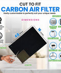 Diagram showing dimensions and uses of Activated Carbon Filter Sheet 16 By 48 Inches 2 Pack For Air Purifiers Window AC Units And Vents.