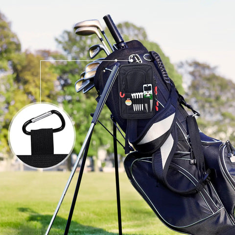 Zippered Golf Ball Bag Organizer With Three Pockets Fits 12 To 15 Balls And A Valuables Pocket For Phone And Wallet On The Go, Lightweight Portable Golf Gear Case With Multipocket Design Black attached to golf bag.