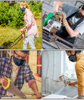 People using Reusable Dust Mask Respirator with Activated Carbon Filters in various activities like mowing, woodworking, and painting.