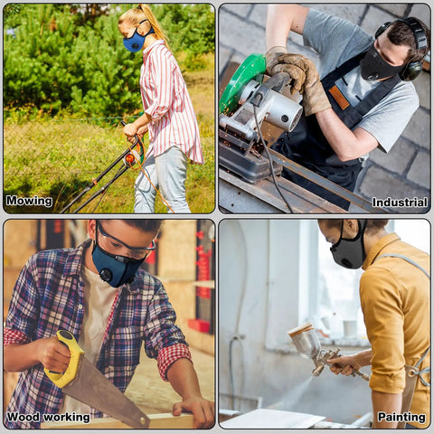 People using Reusable Dust Mask Respirator with Activated Carbon Filters in various activities like mowing, woodworking, and painting.