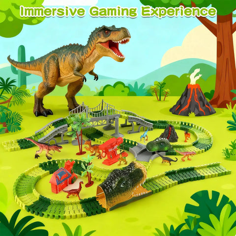 Ultimate Dinosaur World Race Track Set With 203 Flexible Tracks And LED Light Up Dino Car Create Epic Dino Adventures