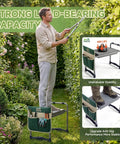 Man using 2-In-1 Garden Kneeler And Work Seat That Converts Between Kneeling And Sitting, heavy duty foldable garden bench with tool bag attached.
