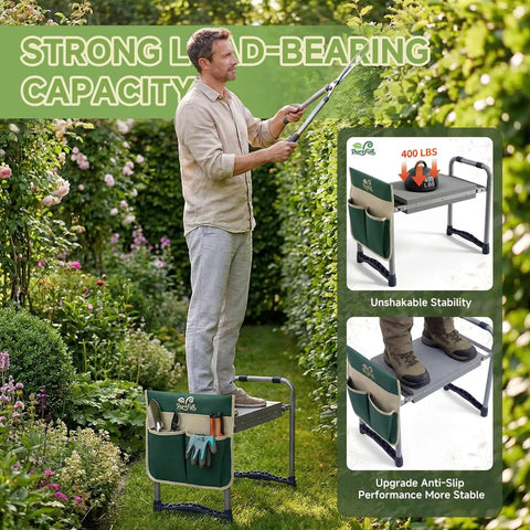 Man using 2-In-1 Garden Kneeler And Work Seat That Converts Between Kneeling And Sitting, heavy duty foldable garden bench with tool bag attached.