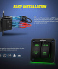 Two Gang Rocker Panel With Dual Green LED Illumination, 12 24V DC Pre Wired Harness, Plug And Play Easy Install 5 Pin SPST Toggle Switches