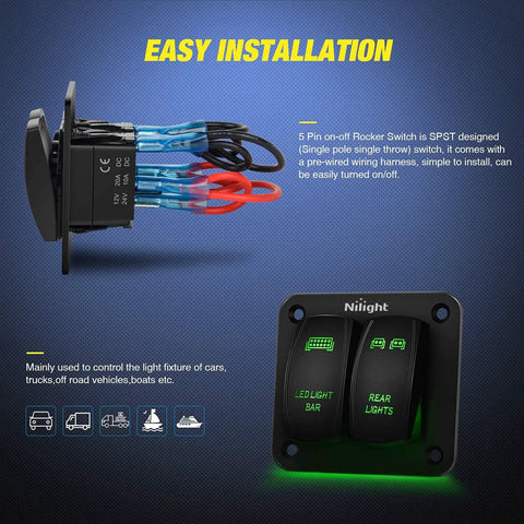 Two Gang Rocker Panel With Dual Green LED Illumination, 12 24V DC Pre Wired Harness, Plug And Play Easy Install 5 Pin SPST Toggle Switches