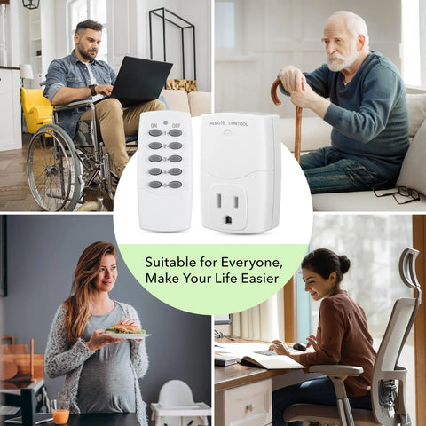 Wireless Remote Control Outlet Switch Kit With 5 Outlets And 2 Remotes, Plug-and-Play RF Light Switch shown in various home settings