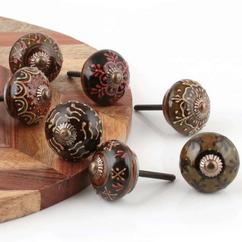 Dope Boho Ceramic Cabinet Knobs Set of 30 Colorful Mandala Knobs with Gold Hardware showcasing intricate designs on wood surface