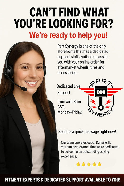Customer service assistant with headset, offering live support for Part Synergy, specializing in aftermarket wheels and tires.