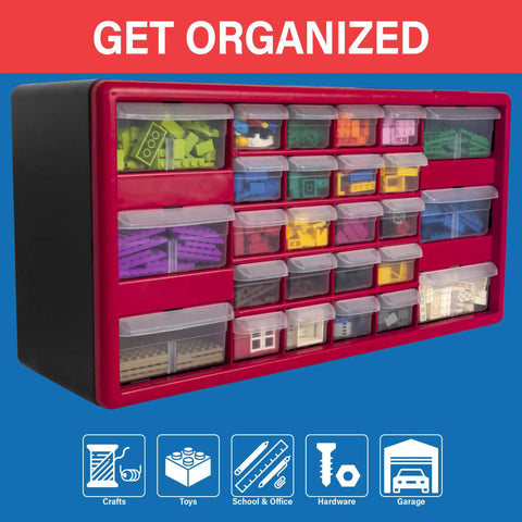 26 Drawer Plastic Storage Cabinet For Garage Organization And Craft Projects Pro Grade Bead And Brick Organizer Teacher Toolbox Makeup Organizer Heavy Duty Bead Box 20 W X 6 D X 10 H Red