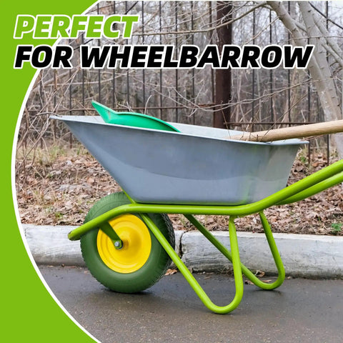 Flat Free Wheelbarrow Tire Replacement Universal Fit 4.80 4.00 8 Inch Solid No Air Industrial Grade tire on wheelbarrow