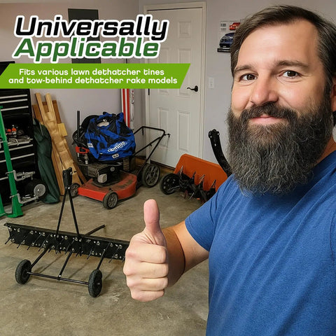 Man in garage with 20 Pcs Dethatcher Replacement Spring Tines For Lawn Tractor Attachment, rake in background