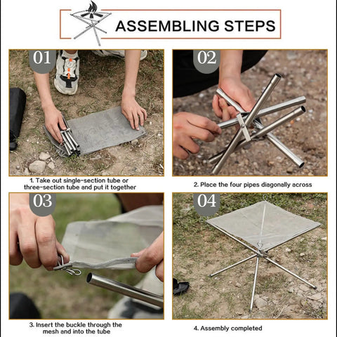 Assembling Portable Camping Fire Pit With Collapsible Stainless Steel Mesh, step-by-step outdoor setup tutorial.