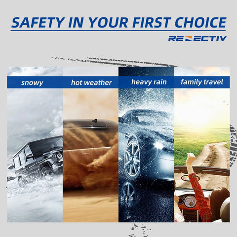 Weather conditions: snowy, hot, heavy rain, and family travel with car illustrations; text reads 'Safety In Your First Choice'.