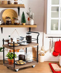Dope Vintage Two Tier Mini Wood Coffee Bar Cart With Smooth Rolling Wheels And Spacious Dual Shelves For Any Cozy Hangout Or Quick Serve Beverage Station with snacks and drinks.