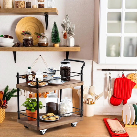 Dope Vintage Two Tier Mini Wood Coffee Bar Cart With Smooth Rolling Wheels And Spacious Dual Shelves For Any Cozy Hangout Or Quick Serve Beverage Station with snacks and drinks.