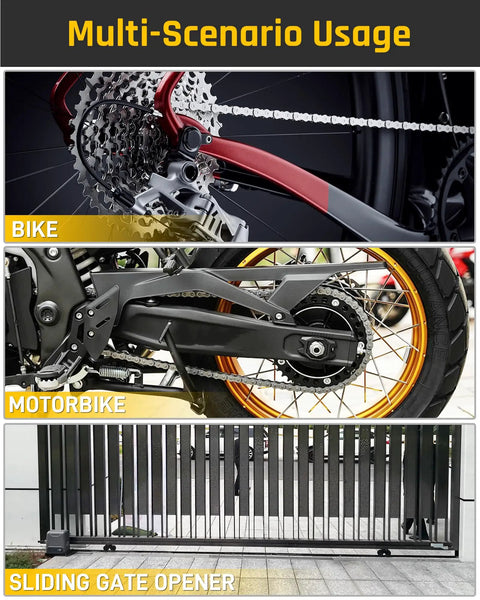 Multi-scenario usage of 40 Roller Chain 10 Ft With Two Free Connecting Links And Two Tie Rod Chain Hardware for bikes, motorbikes, and gates.