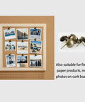 Top Shelf 200 Piece Set Of 5/8 Inch 16 X 20mm Upholstery Tacks Featuring Solid Round Bronze Heads on a cork board holding photos.