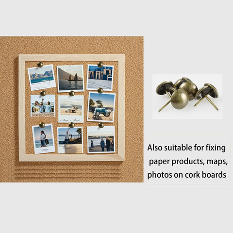 Top Shelf 200 Piece Set Of 5/8 Inch 16 X 20mm Upholstery Tacks Featuring Solid Round Bronze Heads on a cork board holding photos.