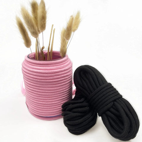 Two Pack Soft Cotton Rope Set 32 Feet Each 8mm Diameter Multipurpose Black Workhorse with pink and black rope bundles for DIY projects