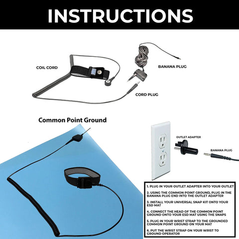 ESD Mat Workstation Grounding Kit with 15 Foot Common Point Ground Cord, Banana Plug, and Black Fabric Wrist Strap on blue mat