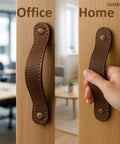 Full Grain Leather Drawer Handles for Cabinets and Dressers, brown leather hardware showcased in office and home settings.